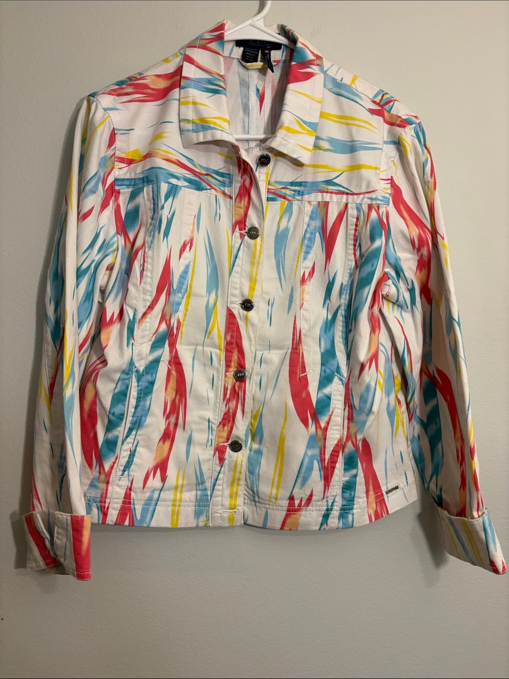 FDJ Printed Jean Jacket in White with Coral Teal Accents - Picture 2 of 8